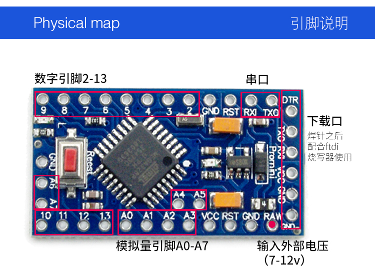 文件:YwRobot适用于Arduino Pro Mini ATMEGA328P 5V16M开发板接口示意图.jpg